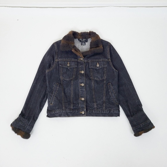 Y2K Denim Jacket Fur Lined Collar Button Up Down Long Sleeve Dark Wash - Picture 12 of 14